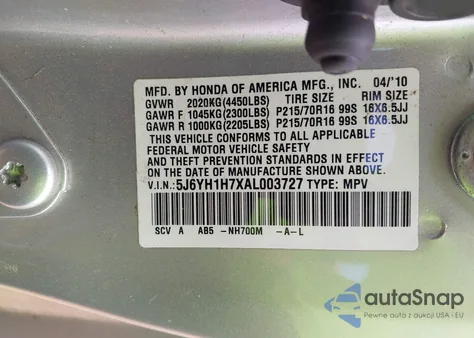 2010 Honda Element Ex z USA, uszkodzony, nr VIN 5J6YH1H7XAL003727